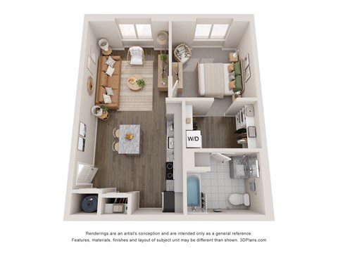 Floor plan for 1 bed, 1 bath, 645 sqft